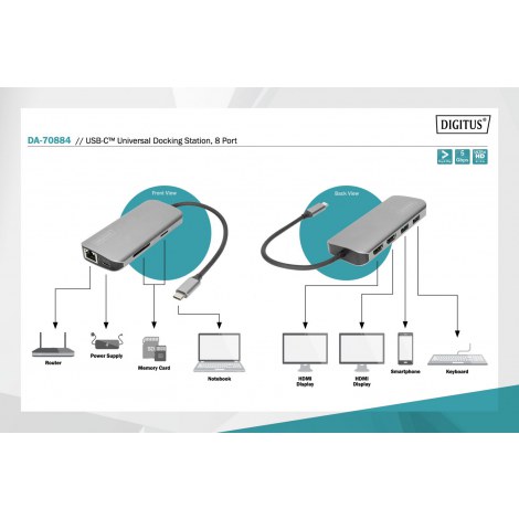 Digitus | USB-C Universal Docking Station, 8 Port | Dock | Ethernet LAN (RJ-45) ports 1 | VGA (D-Sub) ports quantity | DisplayPo - 8